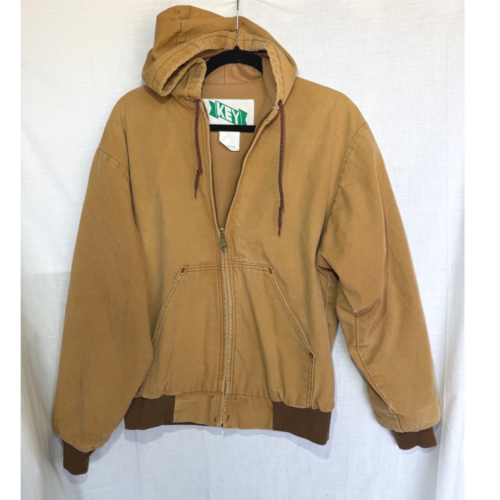VTG KEY Duck Canvas Hooded Barn Jacket Brown Thermal Lined Workwear Large Reg